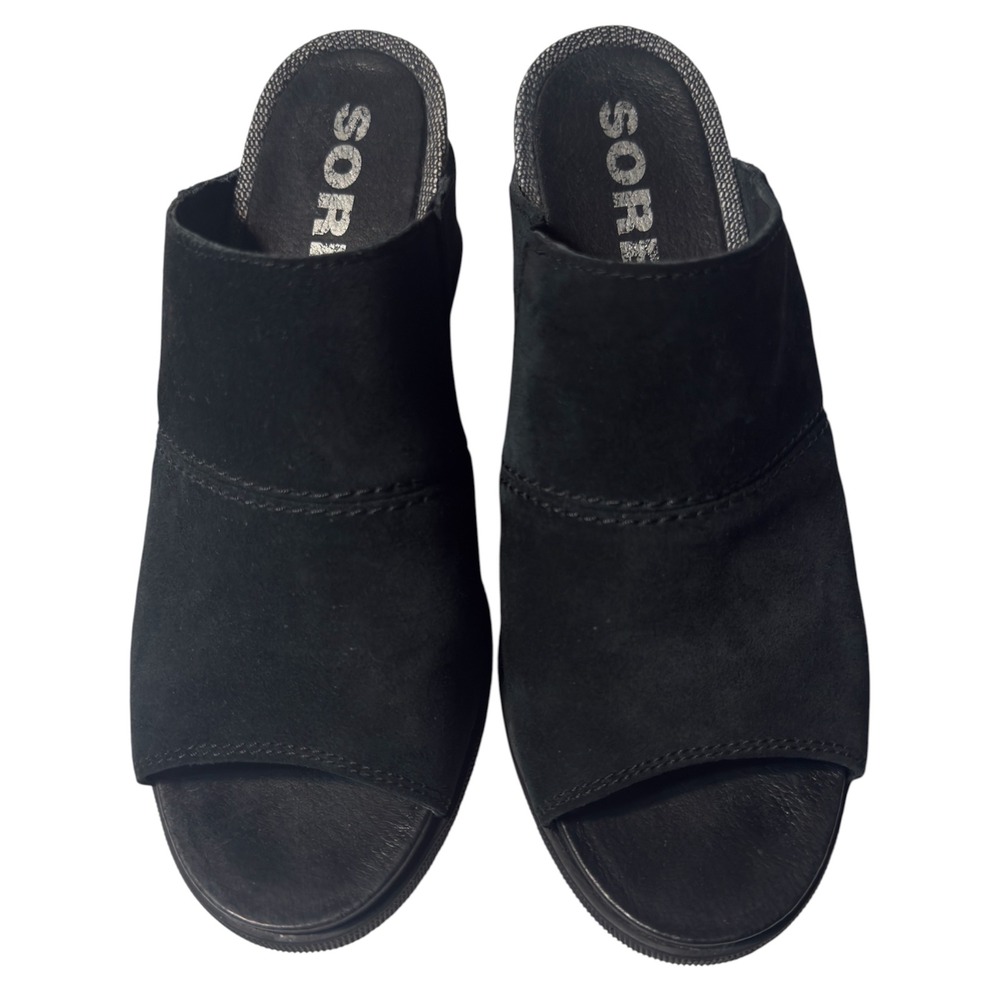 Sorel Black Joanie Slide Wedge Sandal 7.5‎ Womens Suede Excellent Condition